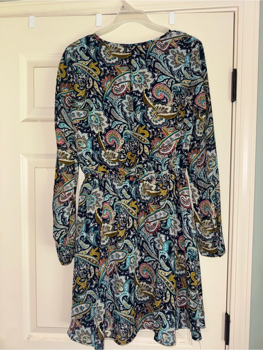 Boutique Paisley Long Sleeve Dress Small Navy Blue Boho V-Neck Mini - Picture 4 of 6